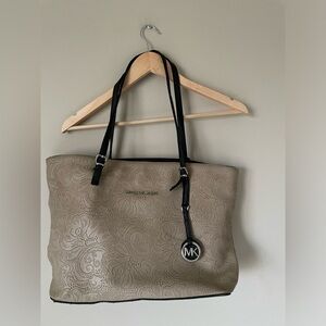 Michael Kors taupe and black leather tote bag perforated floral/paisley pattern